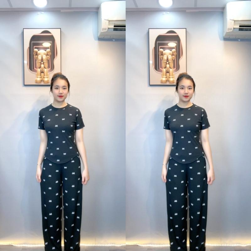 Product Introduction of Set Bộ Áo Vạc Bầu  Nơ + Quần Dáng Suông Nữ Women Top Jacket - Chất Thun Tăm Lạnh Cá Tính Ong  Legging Voi 5
