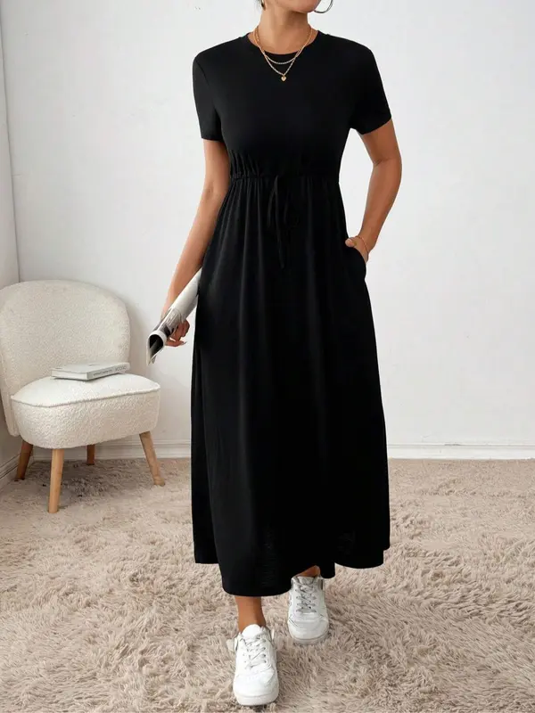 Women's Plain Pocket Dress, Elegant Fashion Casual Round Neck Short Sleeve Dress for Daily Outdoor Wear, Ladies Dress for All Seasons 6