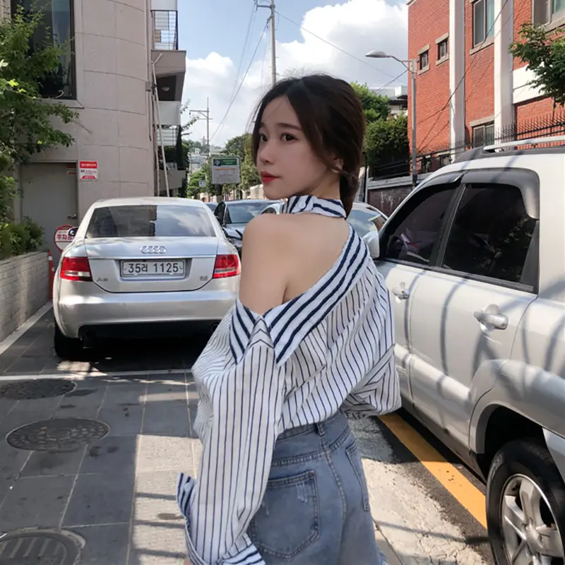 Áo Sơ Mi Sọc Cho Nữ, Áo Dài Tay Không Dây Gợi Cảm, Khí Chất Mới, Thời Trang