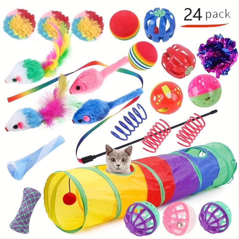 Product Introduction of Interactive Cat Toy Set, 24pcs/set Cat Teaser Toy, Including Tunnel, Ball, Mouse, Spring & Hollow Ball, Indoor Pet Supplies, Christmas Gift 0