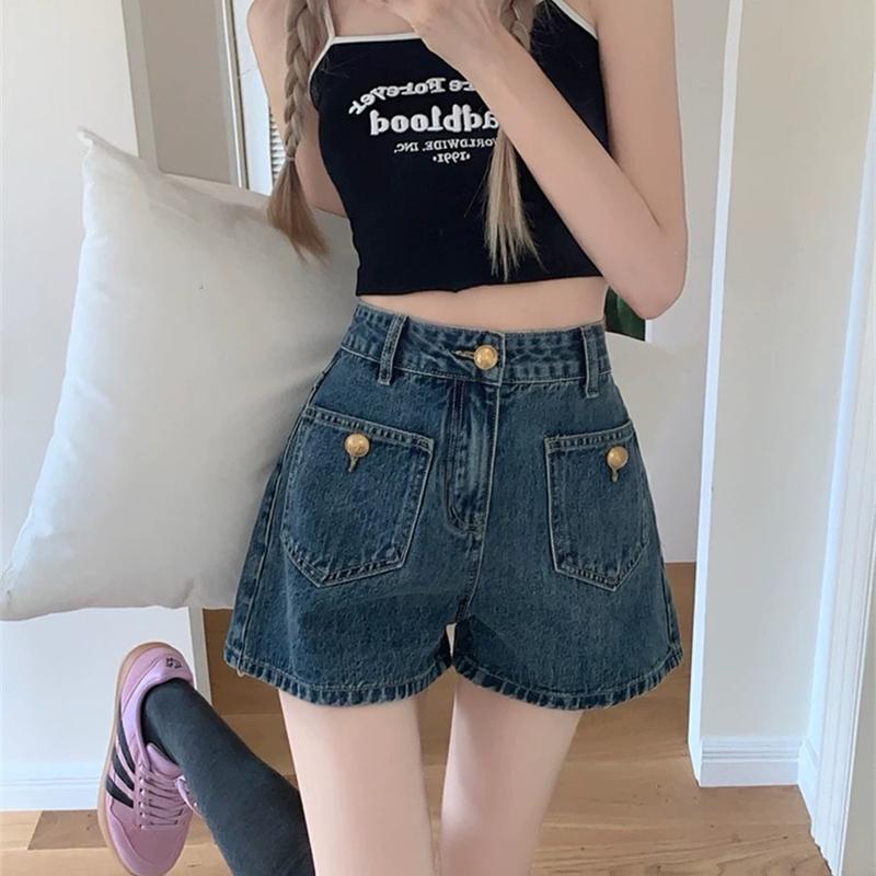 Quần Sọt Jean Nữ Phối 2 Túi Vuông Đính Cúc Tròn Đồng 2 Màu Vải QCCC