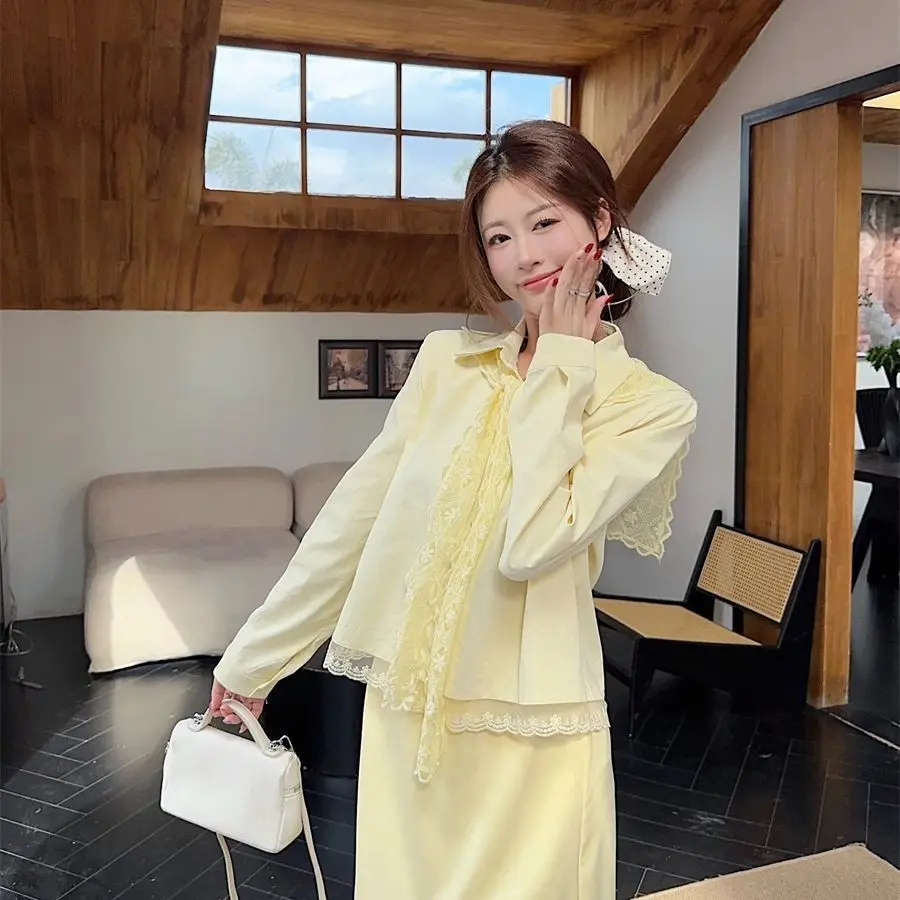 Áo Sơ Mi Dài Tay Áo, Phong Cách Ve Áo Ren Khăn Choàng Nút, Thiết Kế Đẹp Mắt Độc Đáo Và Tinh Tế Hàng Mới Về Mùa Xuân 2025, Dành Cho Nữ