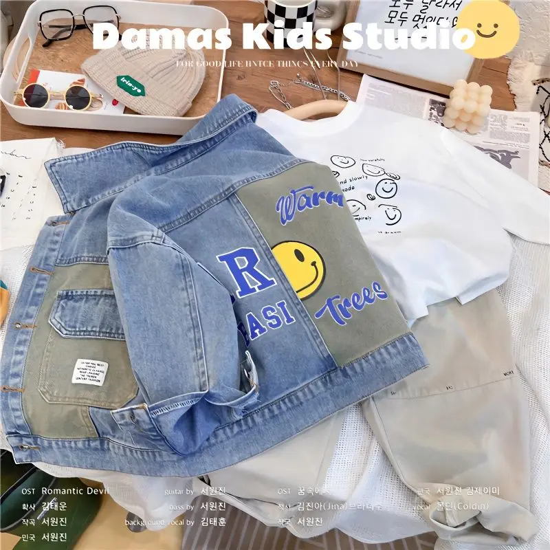 Quần Áo Trẻ Em Phong Cách Hàn Quốc Cho Bé Trai Và Bé Gái, Áo Khoác Denim Đã Giặt Với Đường Khâu Mặt Cười, Chữ In Mới, Mùa Xuân