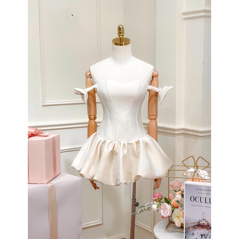 Váy gọng phối tơ tay dáng bí bồng xoè Nữ Women