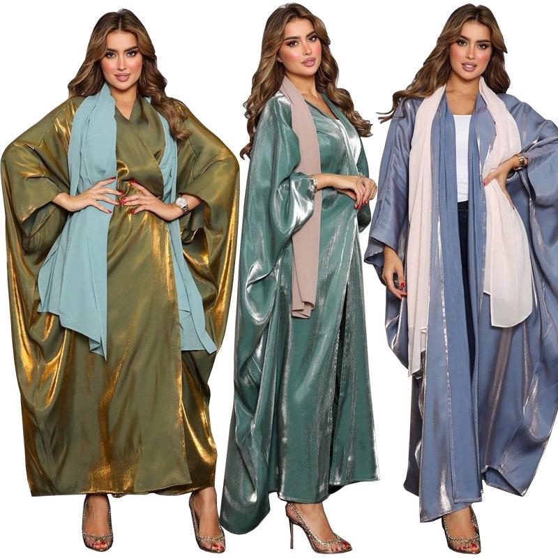 Product Introduction of 1pcs new solid color plus size ladies dress Muslim fashion bat sleeve robe 3
