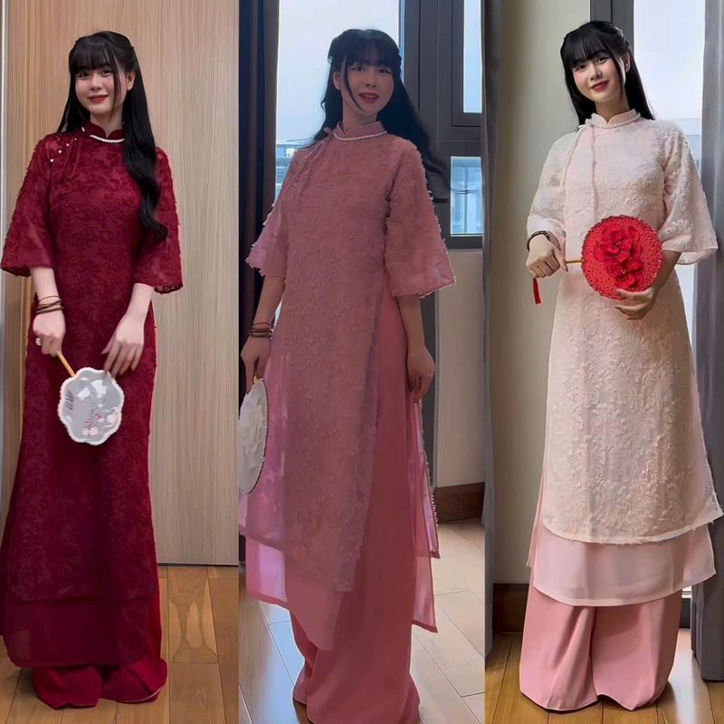  Áo dài lông vũ Yến Phượng phối buộc nơ cách điệu kèm quần lụa mỹ Áo dài Hà Linhh Nữ Women Kem Dress đen đính nơ cúc 