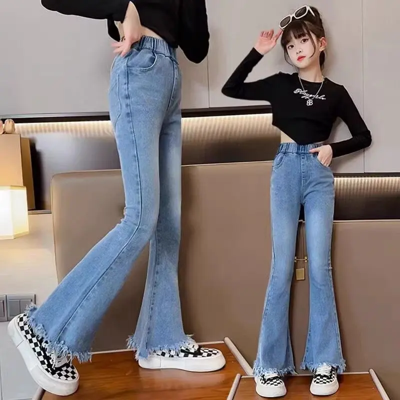 Rokids# Girls' Pants 2025 New Style For Girls' Slim Fit Internet Celebrity Fashionable Children's Denim Flared Pants