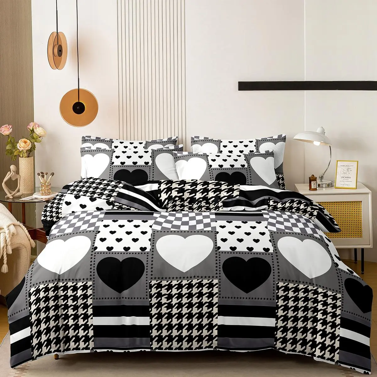 Heart & Houndstooth Pattern Bedding Set, Including 2 Counts Pillowcase & 1 Count Quilt Cover, Soft Comfortable Bedding Set for Bedroom, Guest Room, Dormitory