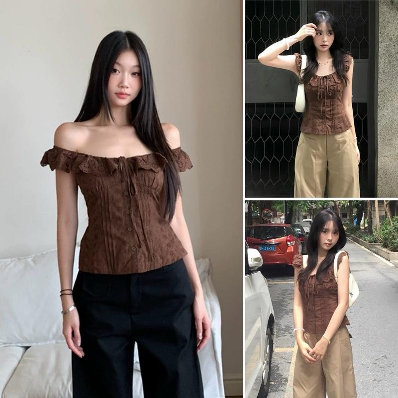 [DEAL MỞ BÁN] Áo Kiểu Trễ Vai Phối Ren Nâu Trầm Lưng Chun Size S/M by Halinh M343