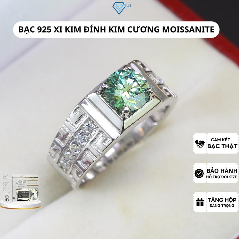 Nhẫn bạc nam bản vừa đính kim cương M.o.i.s xanh 7 ly xi bạch kim kiểm định GRA cao cấp NNAM0062-XANH