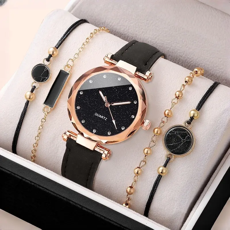 Set Jam Tangan Fesyen Baru, Untuk Wanita, Lima Keping, Dail Langit Berbintang Bulat, Pergerakan Kuarza, Empat Gelang