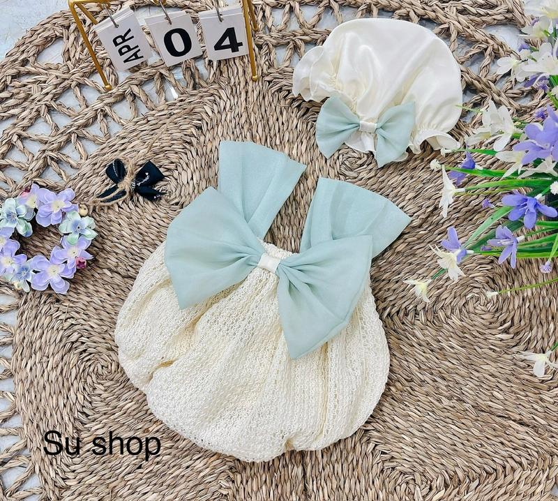 BodySuit Nơ Xanh Chất Ren Đan Cho Bé gái Sơ Sinh, Đầy Tháng, Thôi Nôi, Size 3-11kg Su shop Thiết kế Body, Váy, Jumsuit, Quần cho bé Giày Jumpsuit Tã