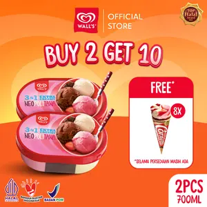 [BUY 2 GET 10] Wall's Tubs Neopolitana 3 in 1 700ml Free 8pcs Cornetto Classic Strawberry 80ml