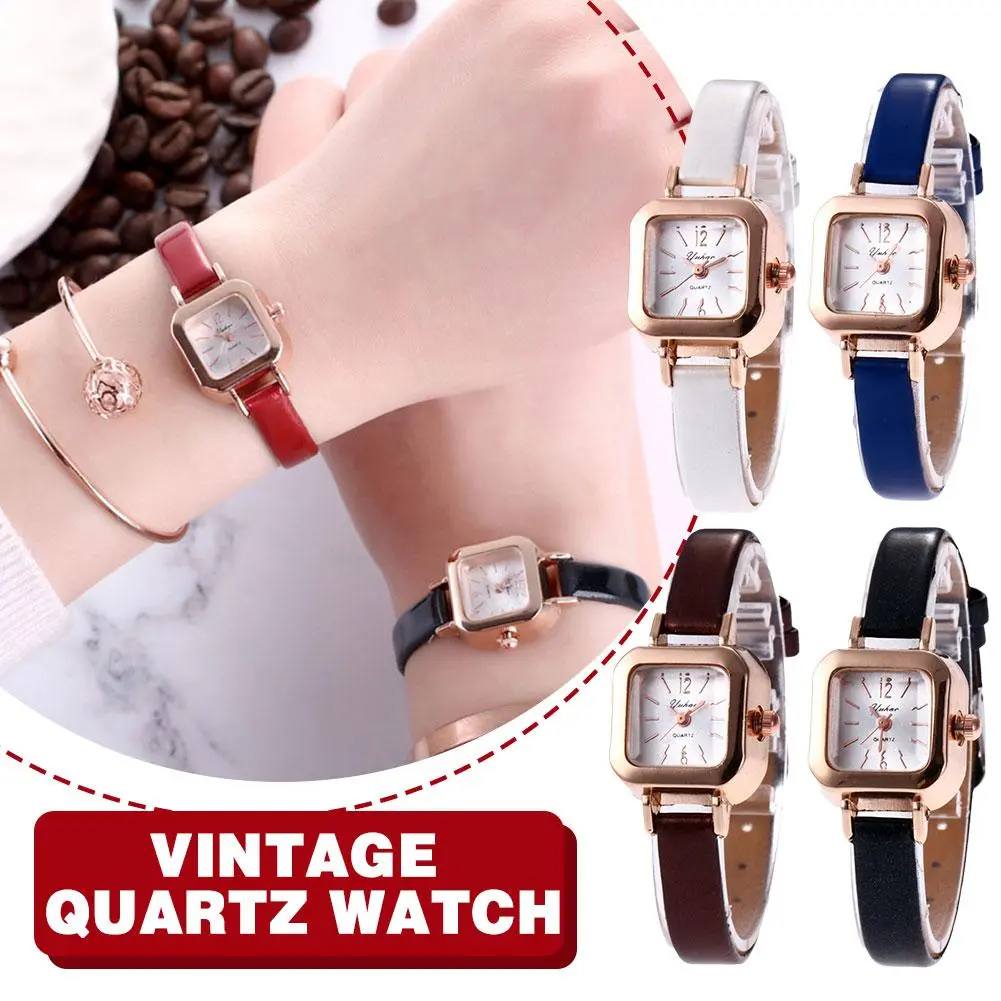 Brown Korean Thin Strap Small Square Watch Literary Retro Female
