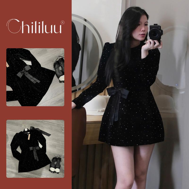 Váy nhung nữ Chililuu đầm nhung ngắn đính đá kèm nơ form ngắn phong cách sang chảnh Hàn Quốc