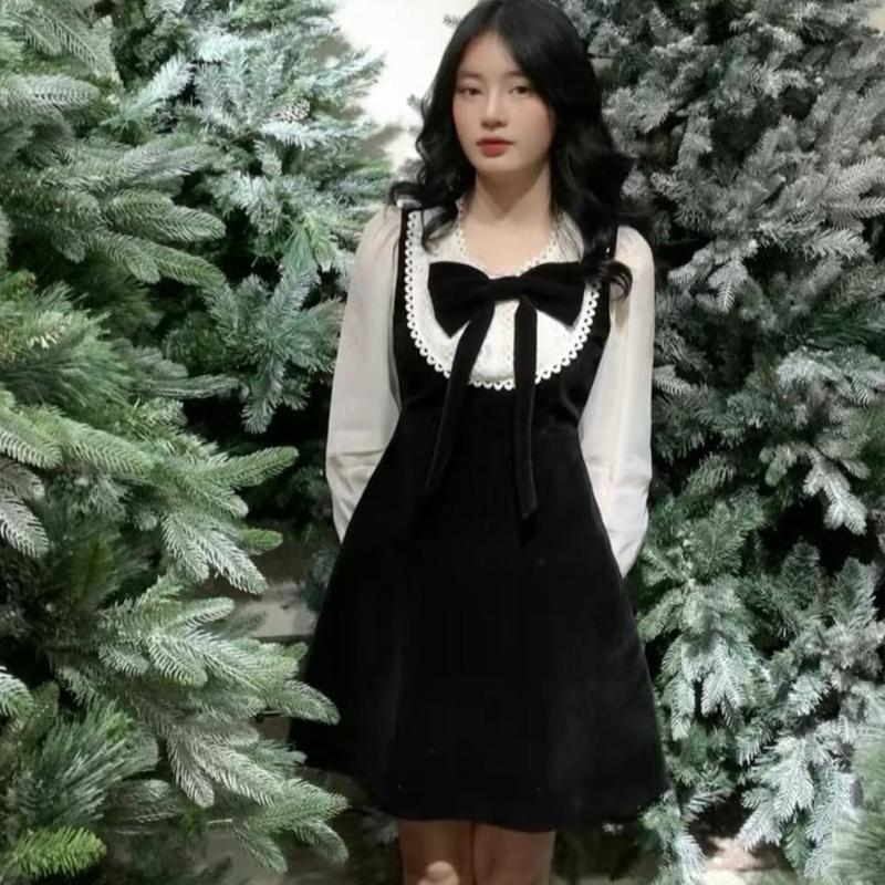 XẢ KHO ĐÀM NHUNG ĐEN NƠ TO TAY DÀI PHỐI REN TRẮNG 01203 Women Nữ Dress Ren Viền Ren Tim