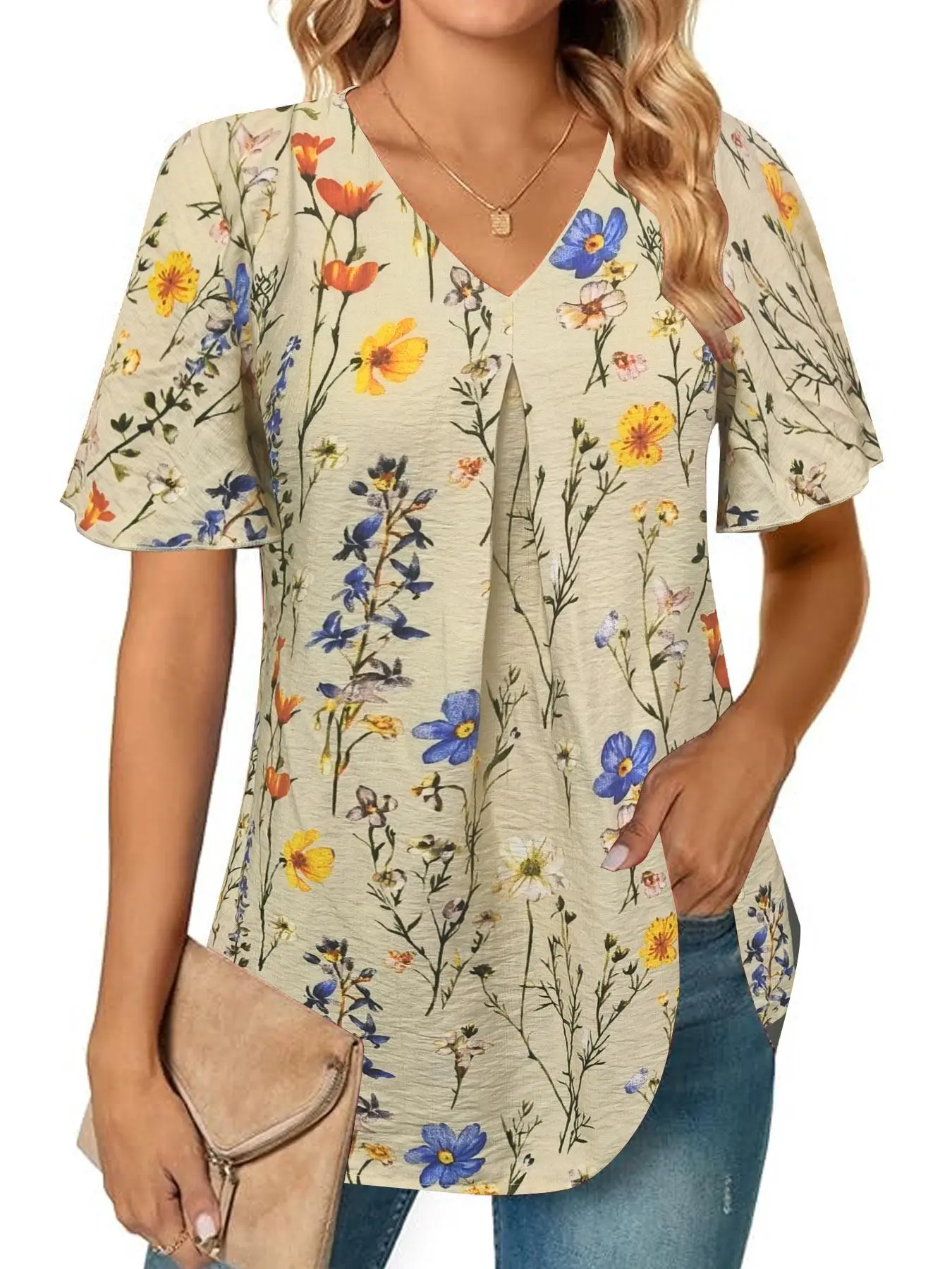 Women's Floral Print Blouses, Casual Short Sleeve V Neck Top  for Daily Wear, Ladies Clothes for All Seasons