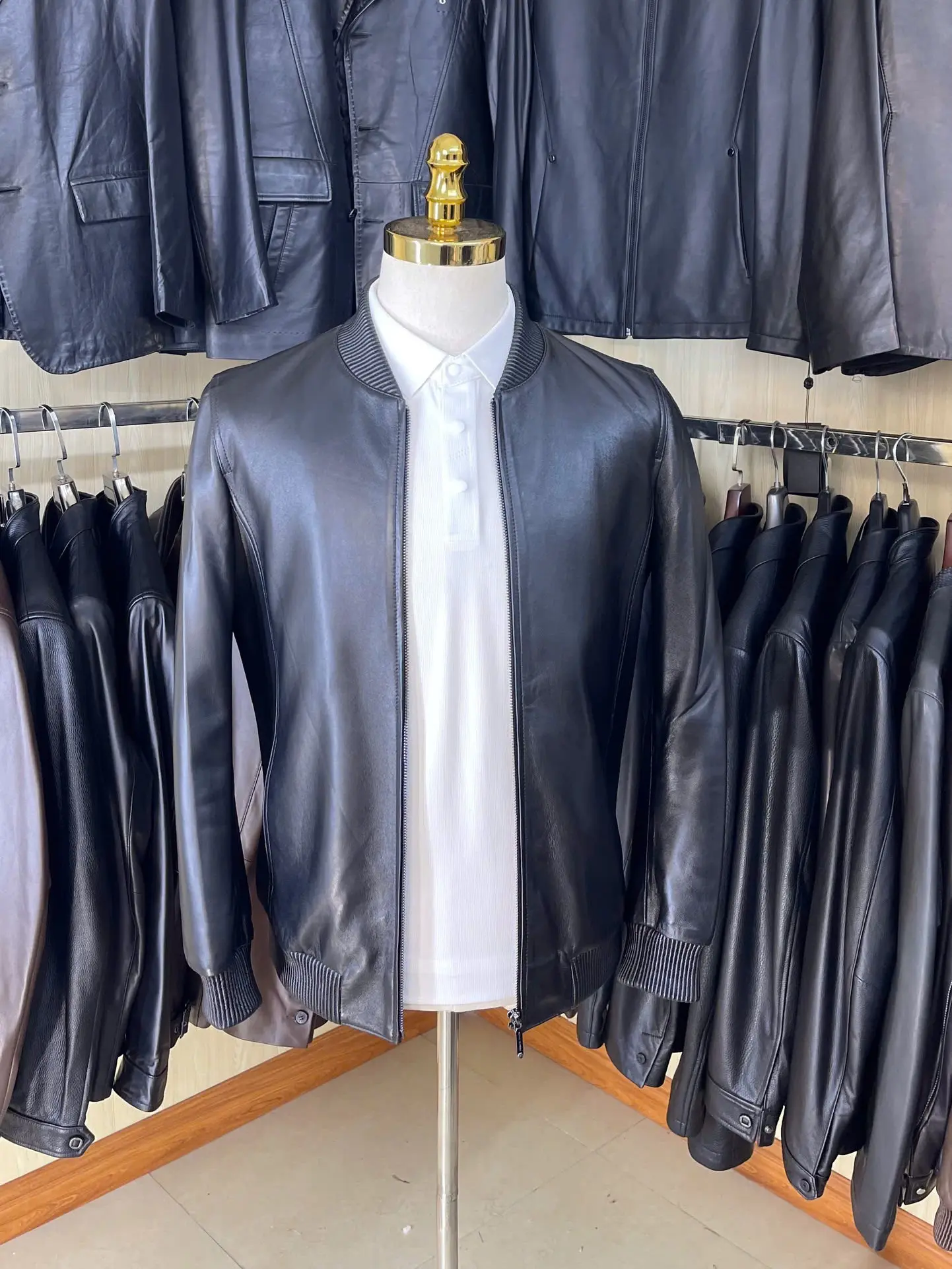 (AD15) Áo da cừu trơn cổ chun Bomber cao cấp LARE Leather