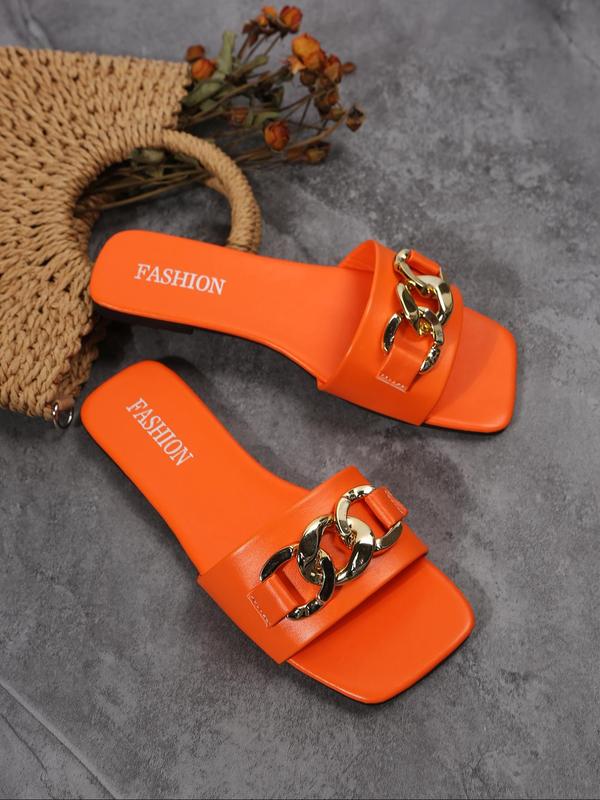 Women's Fashion Chain Design Slide Sandals, Summer 2024 Beach Vacation Square Toe Sandals for Women & Girls, Vintage Trend Slide Sandals for Daily Wear 6
