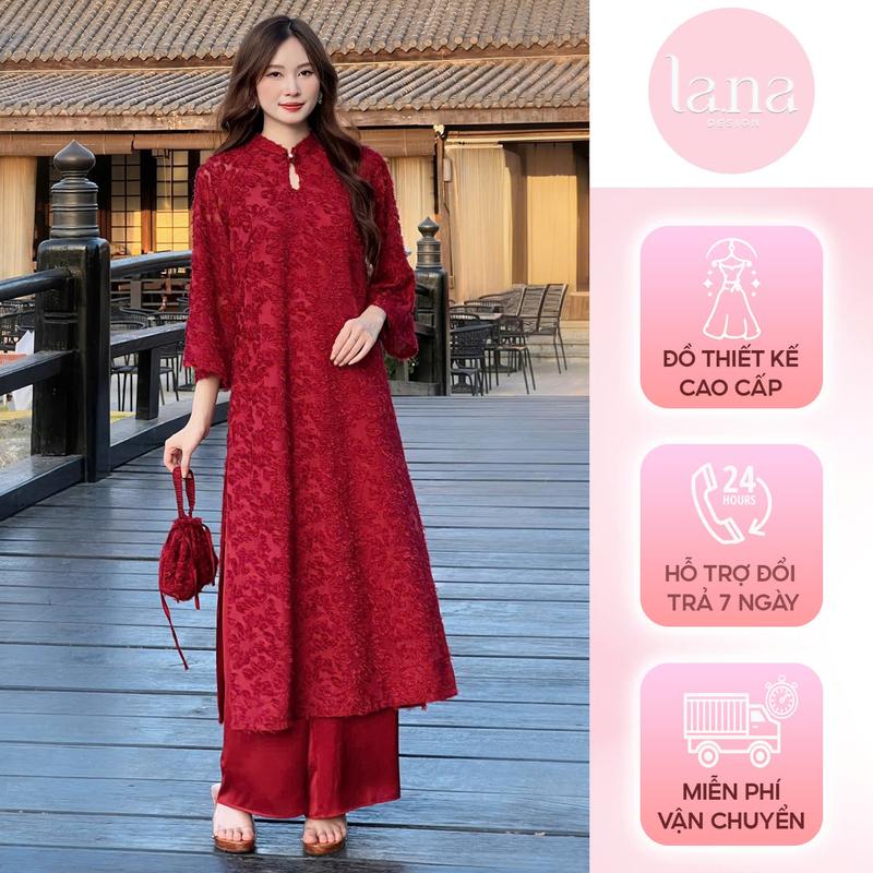Áo dài nữ thiết kế Nguyệt Cầm, Nguyệt Ngân nhà Lana chất áo tơ lông quần lụa latin màu đỏ rực thu hút- SD009-Tết