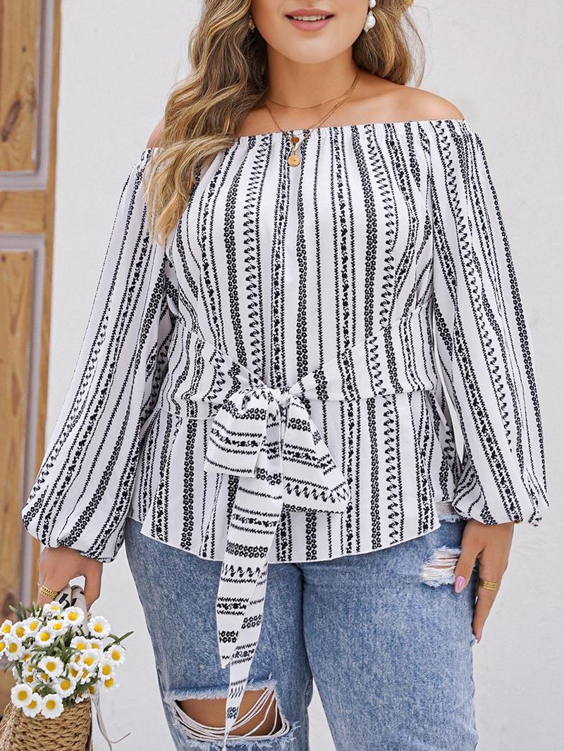 Product Introduction of CURVZY Plus Size Striped Print Knot Front Blouse, Casual Long Sleeve Off Shoulder Top for Spring & Fall, Women's Clothes for Daily Wear 3
