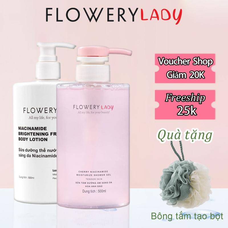 Combo sữa tắm sữa dưỡng thể dưỡng hương Hoa Anh Đào Flowery LADY Niacinamide 500ml