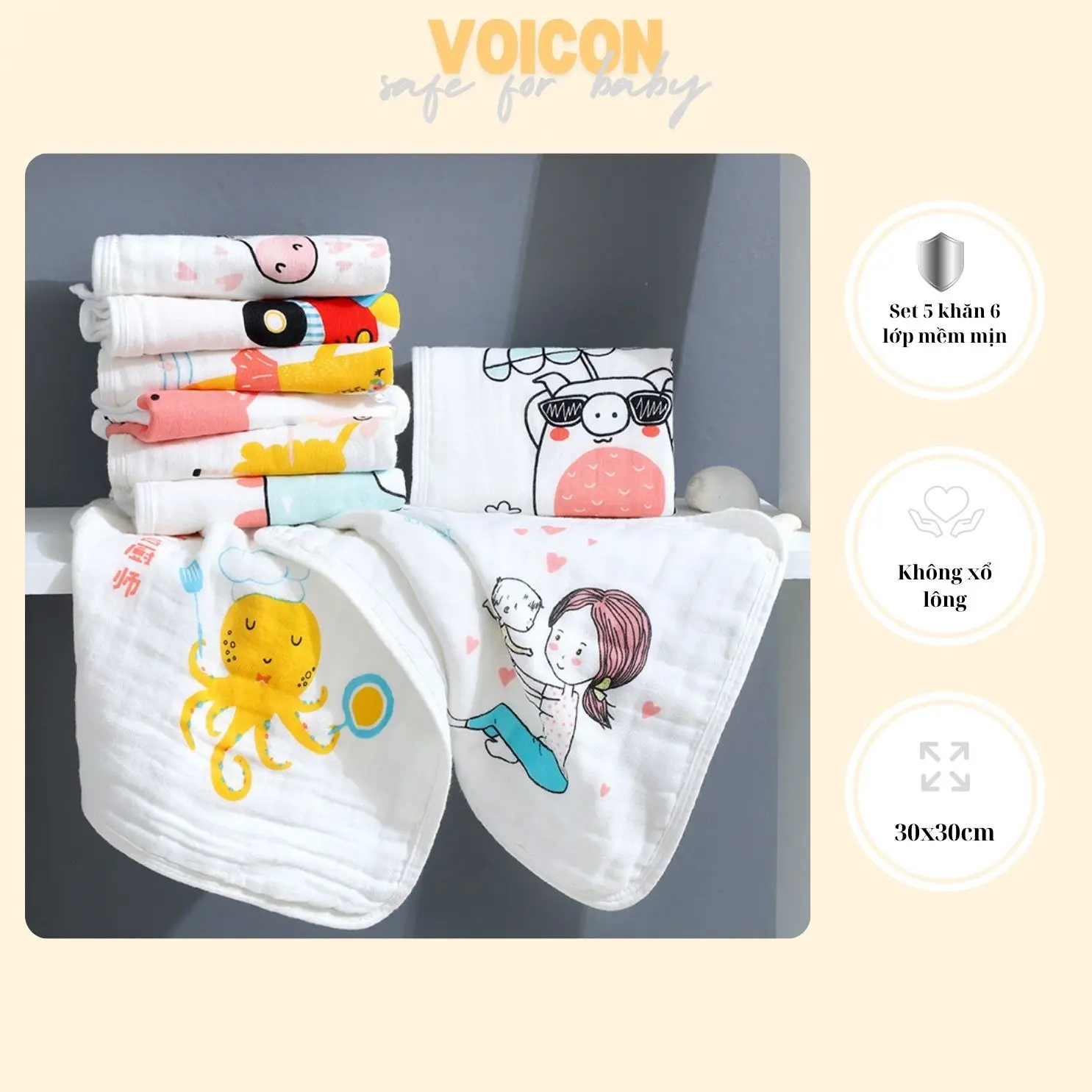 Khăn sữa cho bé Set 5 khăn xô 6 lớp mền mịn 30x30cm hàng cao cấp nhiều họa tiết xinh xắn Voi