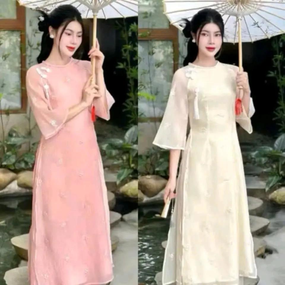Set áo bộ áo dài thời trang Nữ truyền thống áo dài thiết kế voan tơ thêu hoa cao cấp kèm phụ kiện phối quần tuyết nhung ống suông rộng Mặc dịp Tết đi lễ chùa cầu may đầu năm Women Dress Xanh Kem