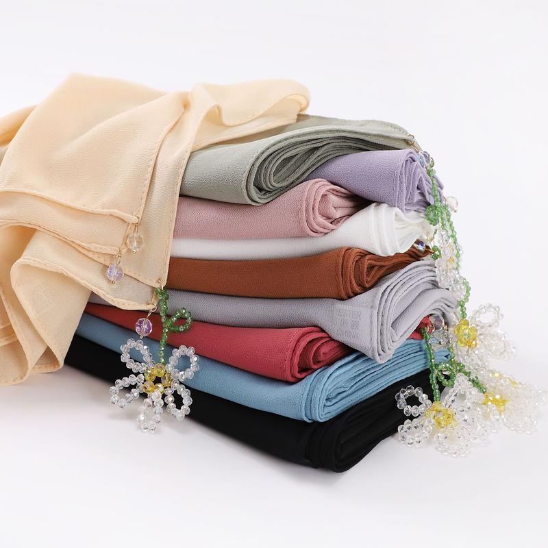 Product Introduction of Crystal flower pearl scarf | 90cm chiffon square | Hui sweet headscarf | Malaysian Internet red with | light luxury everything selendang  bahu sulam  shawl sahara  shawl selendang 6