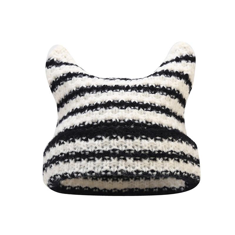 Product Introduction of New Japanese Streetwear Harajuku Beanie Little Devil Striped Knitted Hat Women Girls Autumn Winter Cute Cat Ears Cap 19