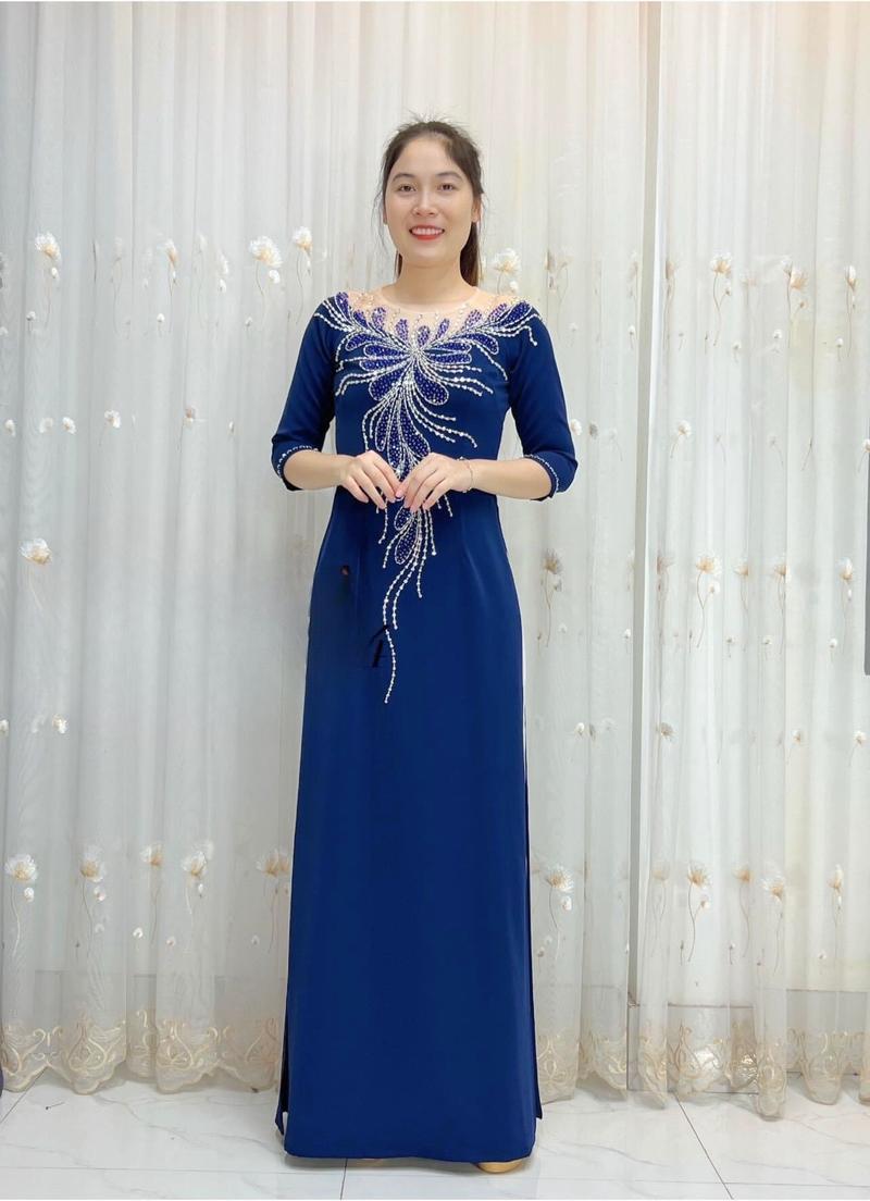 Product Introduction of Bộ áo dài bà sui chất liệu lụa Mỹ đính kết hạt thủ công sang trọng Trơn Thông thường Váy chữ A Thông thường Nữ Khuy Kim Tuyến Dress Women 12