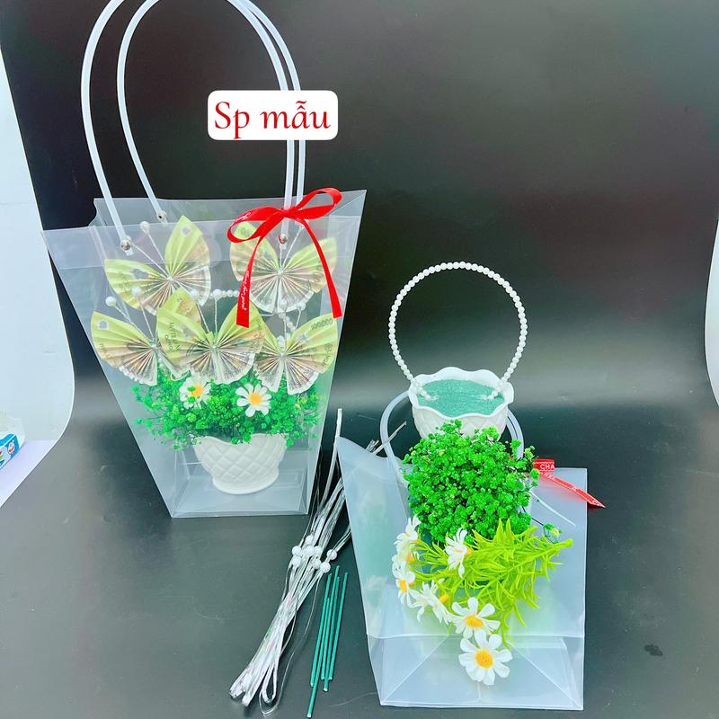 MT024 - Combo tự làm giỏ hoa 5 bướm tiền, túi mika trong suốt - tìm MaytimFlower để xem video hướng dãn Diy Charm
