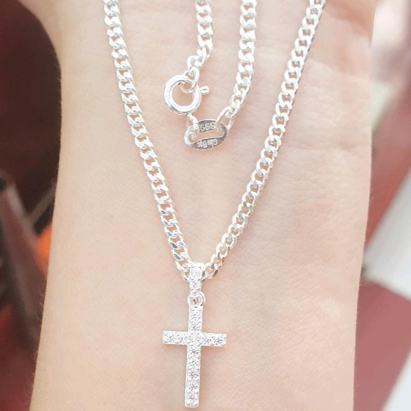 Dây khoen lật bạc ta và mặt thánh giá full hột- Gấu bạc