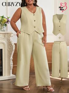 CURVZY Plus Size Autumn Aesthetic Two-Piece Set Plain V Neck Button Vest & Pocket Pants, Casual Sleeveless Top & Wide Leg Trousers for Daily Wear, Women's Plus Outfits for Summer