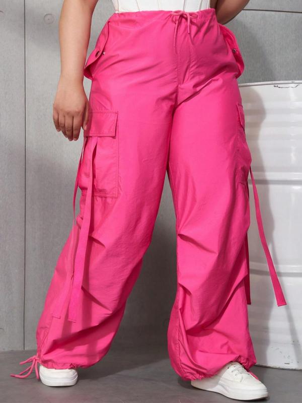 Plus Size Drawstring Waist Cargo Pants, Casual Pocket Design Loose Trousers for Women, Women's Bottoms for Spring & Fall 6