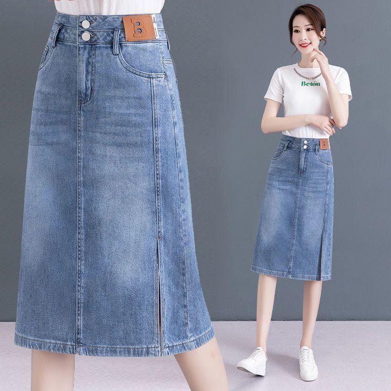 Chân Váy Denim, Dành Cho Nữ, Cạp Cao, Chân Váy Chữ A, Mỏng Và Mỏng, Dài Trung Bình Thiết Kế Xẻ Tà, Phong Cách Bodycon, Hàng Mới Về Mùa Hè 2024 7
