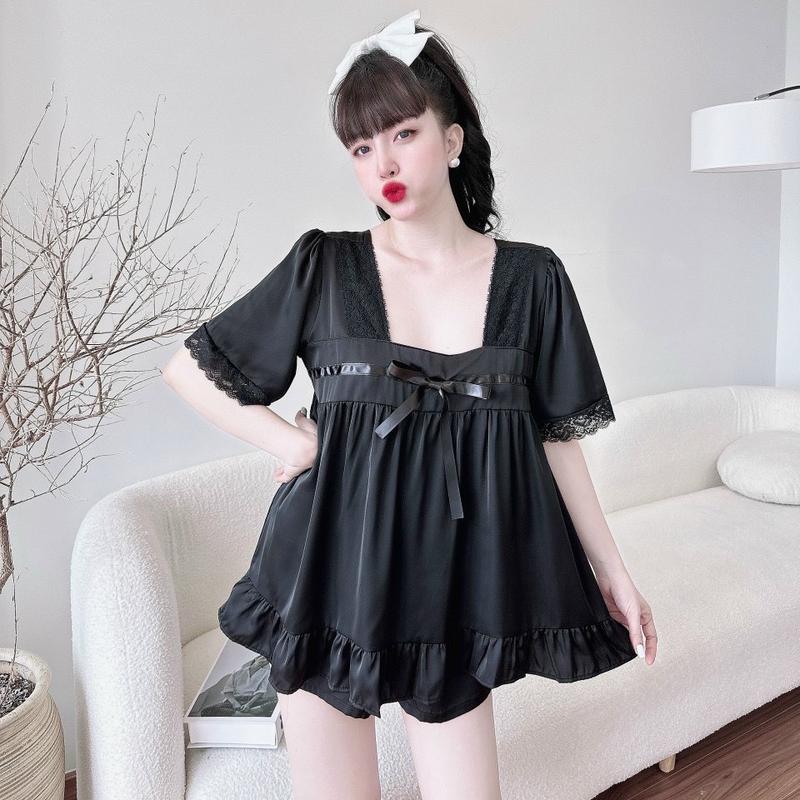Bộ pijama lụa cộc tay quần dài phối nơ,ren tay điệu sang chảnh Lụa Trơn Nhung Nữ 3