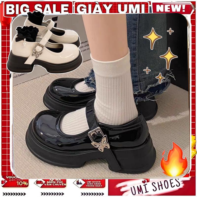 BÀN CHÂN GẦY ỐM LẤY LÙI SIZE Giày Mary Jane Nữ MOTBIM Ulzzang Đế Bằng Cao 5cm búp bê Lolita cute quai cài màu đen/kem mới xinh đẹp mũi tròn hot