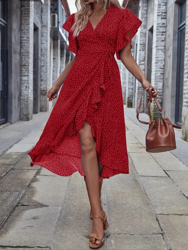 Women's Polka Dot Print Dress, Elegant Fashion Casual Ruffle Trim Midi Dress for Daily Outdoor Wear, Ladies Dress for All Seasons, Womenswear, Shortsleeve, Casual Dresses 3