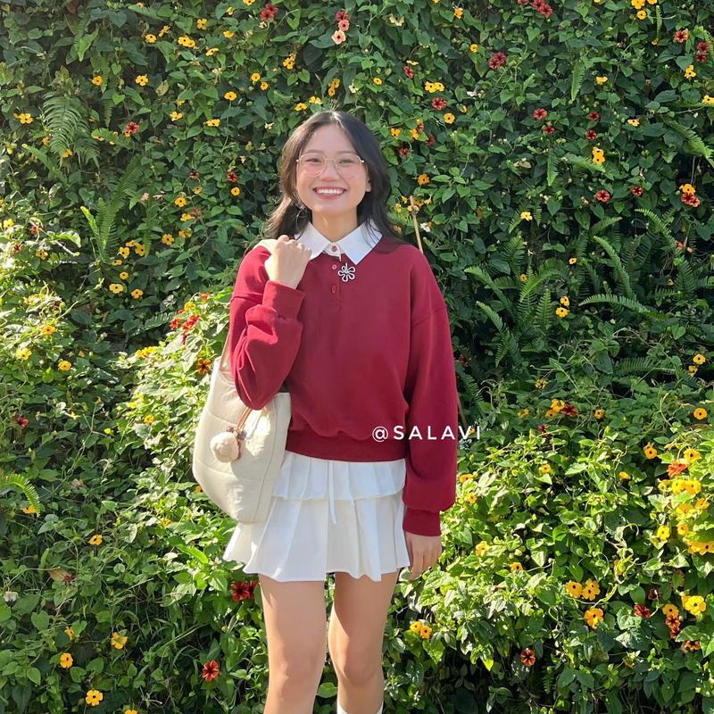 Áo sweater nỉ phối cổ sơ mi, áo ấm trơn form ngắn basic Salavi H3 277