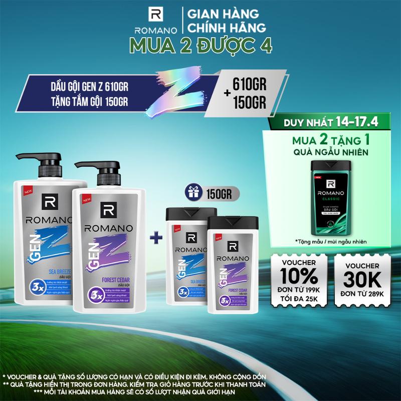 [MUA 1 ĐƯỢC 2] Dầu gội Dưỡng Tóc cho nam Romano Gen Z 610g + Tặng kèm Dầu gội 150g (ngẫu nhiên)