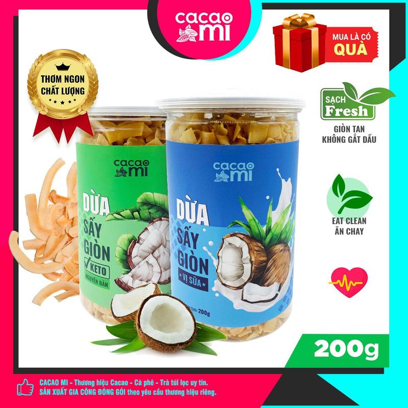 Dừa sấy giòn tự nhiên CACAOMI Ăn Vặt Keto, Thức Ăn ăn chay,  Snack healthy Food Eat Clean, Sữa Chua, không Cay, đặc sản Việt Nam làm quà biếu tặng 200g