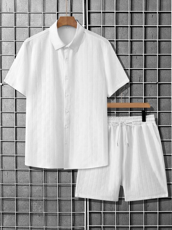 Men's Solid Short Sleeve Pajama Two-piece Set, Regular Fit Casual Comfy Button Up Shirt & Pants PJ Set, Men's Sleepwear for Summer 1