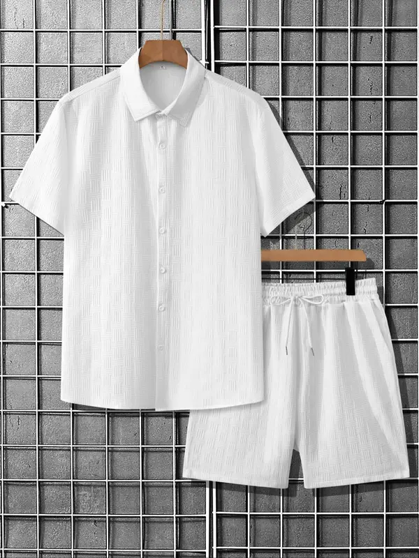 Men's Solid Short Sleeve Pajama Two-piece Set, Regular Fit Casual Comfy Button Up Shirt & Pants PJ Set, Men's Sleepwear for Summer 1