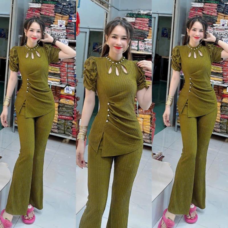 TH20- SÉT ĐỒ BỘ THUN XỐP ÁO KIỂU TAY NHÚN THUN - QUẦN ỐNG LOE Nhung Nữ Nhung Nữ Women Top