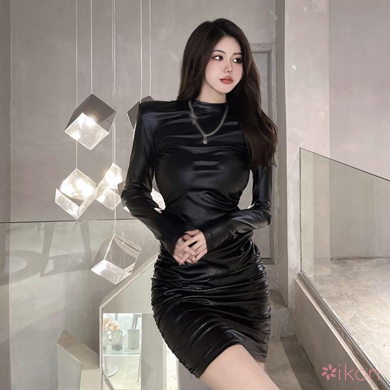 Đầm Bodycon Dành Cho Phụ Nữ, Cổ Chữ O, Ôm Vừa Vặn, Làm Bằng Da PU, Tay Áo Dài 6