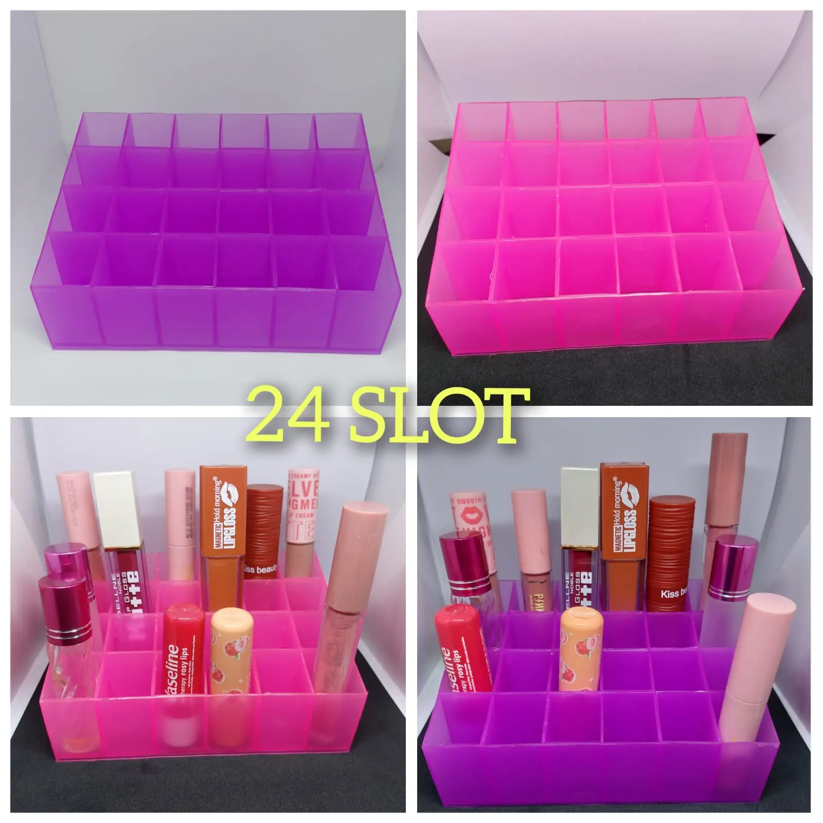 Tempat lipstik, Lip gloos, parfum 10 ml (Kotak 24 slot) warna Ungu dan Pink Plastik