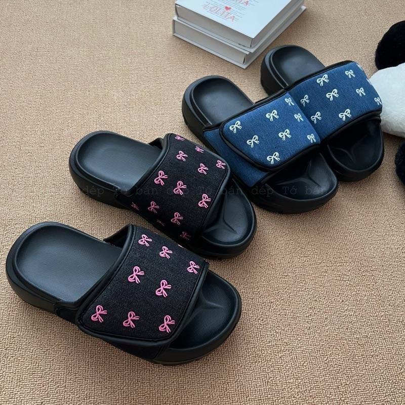 Dép Rabbit Lava thêu nơ dán xé quai denim xinh xắn Đế 4,5cm siu chất Kèm Hộp BH 12th