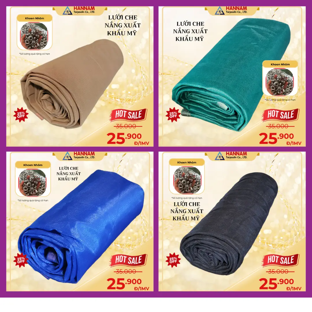 Lưới che nắng xuất khẩu mỹ (1-20), cắt nắng 80%, che nắng sân vườn, sân nhà, bãi xe, trồng lan, hồ bơi, kích thươc theo yêu cầu, may viền đóng khoen 50cm, độ bề 8-10 năm