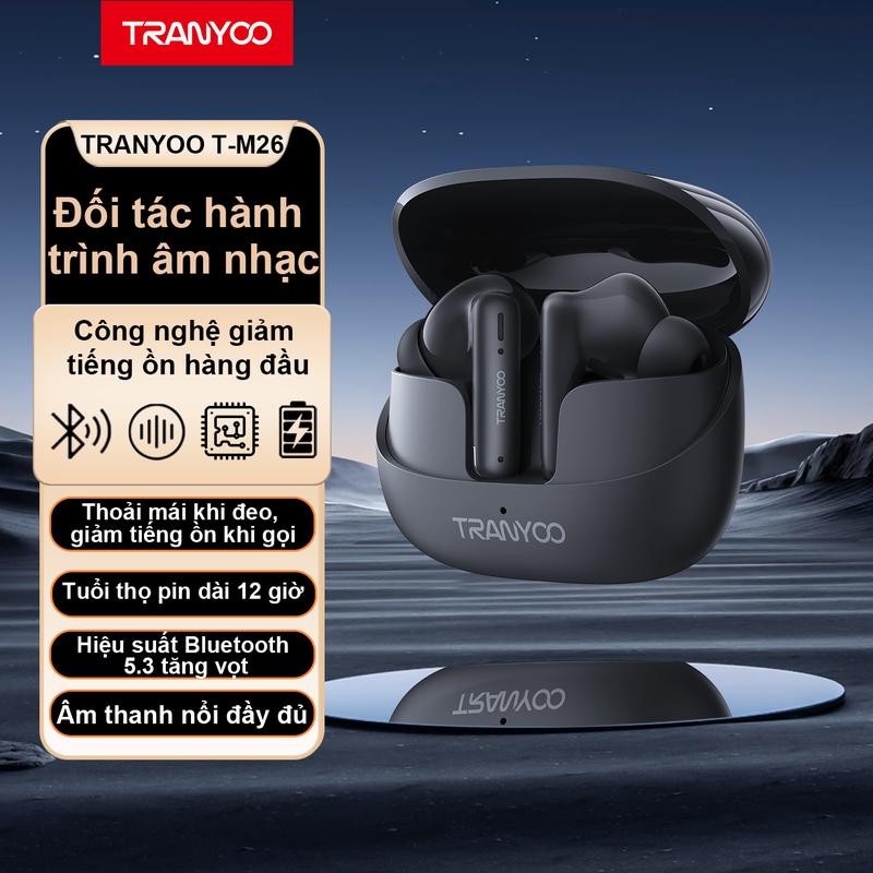 TRANYOO Tai Nghe Bluetooth TRANYOO T-M26 Bluetooth 5.3 Khử Tiếng Ồn Thông Minh Chức Năng Nghe Gọi Chơi Game Thời Lượng Pin Lên Đến 6 Giờ -  Bảo Hành Chính Hãng Nhét Tai Nghe Nhạc Earphone di động trong tai bass  sound